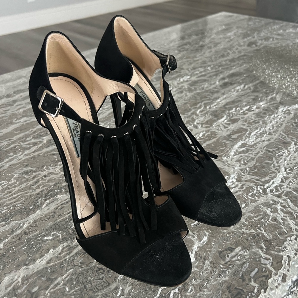 Prada Black Fringe Heels